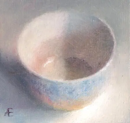 Anneke Elhorst, Lichtblauw bakje, 195 euro, Oil on panel, unframed, 10x10x3 cm