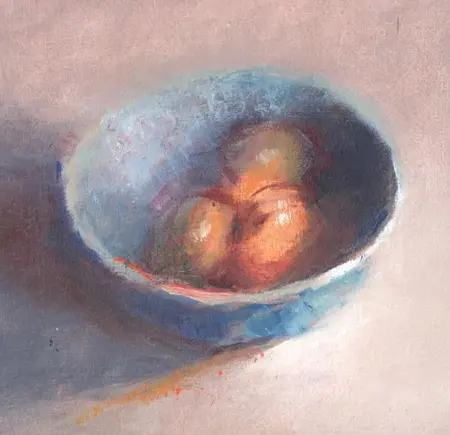 Anneke Elhorst, Mandarijnen in blauw, 195 euro, Oil on panel, unframed, 10x10 cm