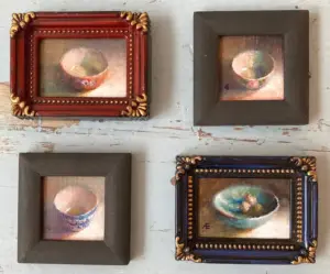 Anneke Elhorst, Mini's in lijstjes, Oil on panel, 5x5 en 6x8 cm, €.85,-