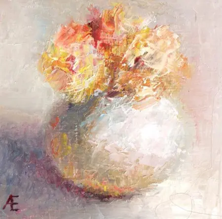 Anneke Elhorst, Oranje bloemen, 195 euro, Oil on panel, 10x10x3 cm