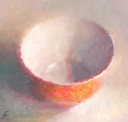 Anneke Elhorst, Oranje schaaltje, 295 euro, Oil on wood, unframed, 15x15x3 cm