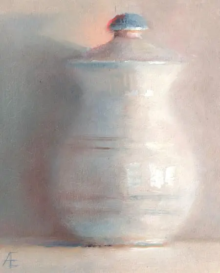 Anneke Elhorst,Pot met deklsel, 270 euro, Oil on panel, unframed, 12x15x2,5 cm