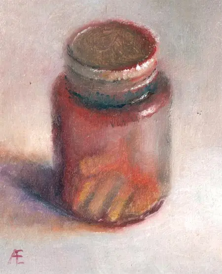 Anneke Elhorst, Potje pillen, 270 euro, Oil on panel, unframed, 15x12 cm