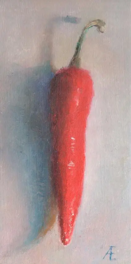 Anneke Elhorst, Rode peper, 220 euro, Oil on panel, unframed, 15x7x3,5 cm