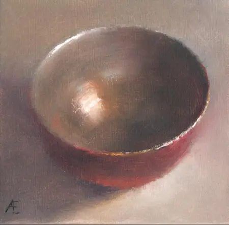 Anneke Elhorst, Rood schaaltje, 240 euro, Oil on panel, unframed, 12x12 cm