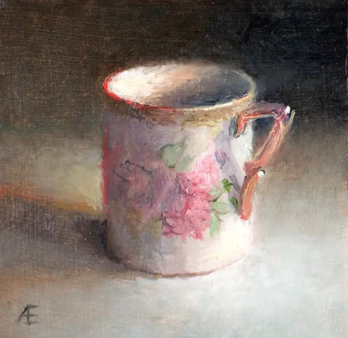 Anneke Elhorst, Rose wit kopje, Oil on panel, 12x12 cm, €.240,-