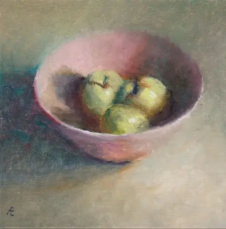 Anneke Elhorst, Schaal met appels, Oil on panel, 15x15x3 cm, €.295,-