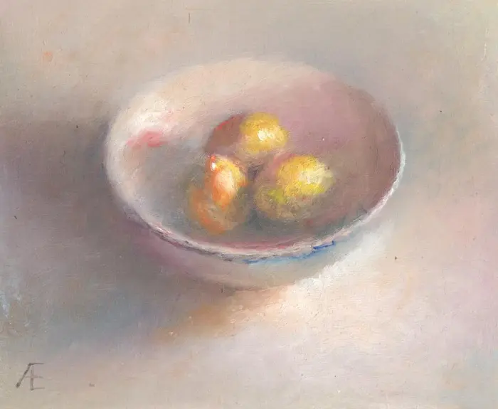 Anneke Elhorst, Schaalt met citroenen, 325 euro, Oil on panel, unframed, 15x18x3 cm