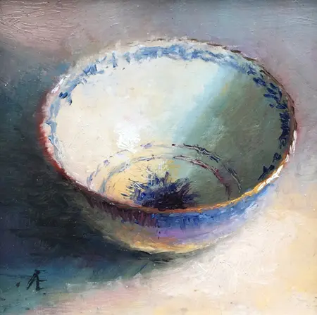 Anneke Elhorst, Schaaltje 3, Oil on panel in beige frame, 10x10 cm, €.195,-