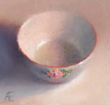 Anneke Elhorst, Schaaltje met bloem, 195 euro, Oil on panel, unframed, 10x10x3 cm