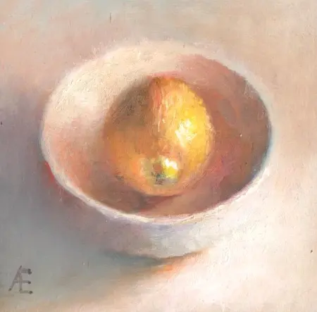 Anneke Elhorst, Schaaltje met citroen, 240 euro, Oil on panel, unframed, 12x12x3 cm