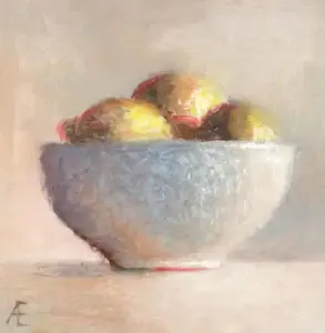 Anneke Elhorst, Schaaltje met citroenen, 240 euro, Oil on panel, unframed, 12x12x3,5 cm
