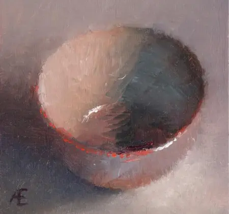 Anneke Elhorst, Schaaltje met lichtbbruin, 195 euro, Oil on panel, unframed, 10x10x3 cm