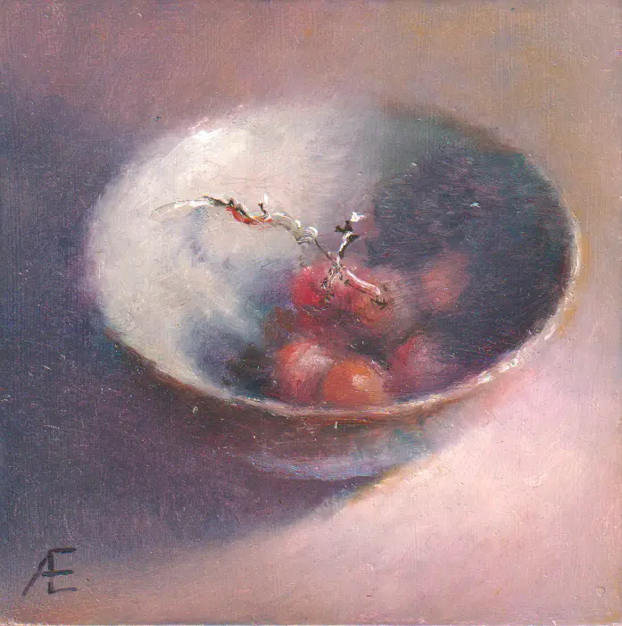 Anneke Elhorst, Schaaltje rode druiven, 240 euro, Oil on panel, unframed, 12x12x3 cm