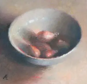 Anneke Elhorst, Sjalotjes, 310 euro, Oil on panel, unframed, 15x15x2,5 cm