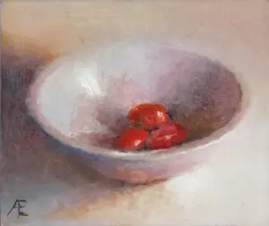 Anneke Elhorst, Snoeptomaatjes, Oil on panel, 10x12x3 cm, €.220,-