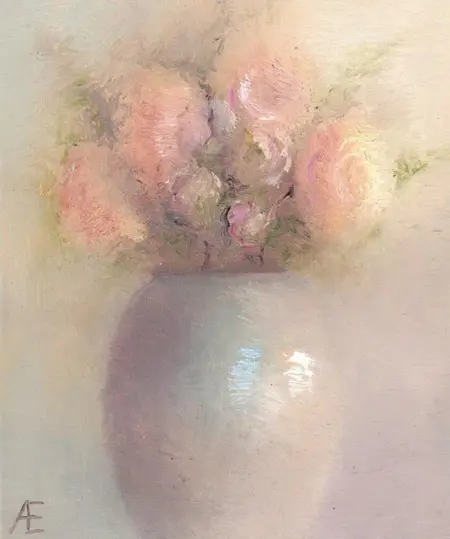 Anneke Elhorst, Vaaje met bloemen, 330 euro, Oil on wood, unframed, 18x15 cm