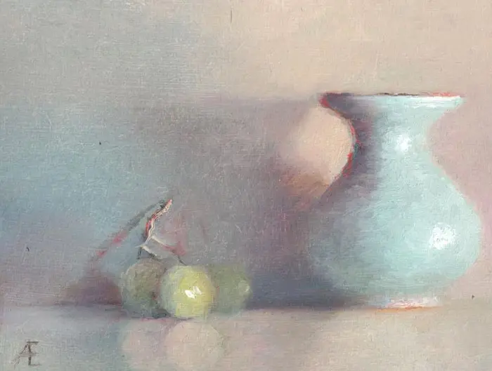 Anneke Elhorst, Vaasje en druiven, 270 euro, Oil on panel, unframed, 12x15x2,5 cm