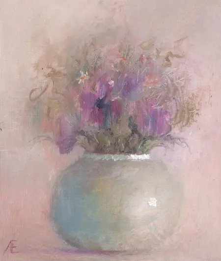 Anneke Elhorst, Viooltjes, 270 euro, Oil on panel, unframed, 15x12x3 cm