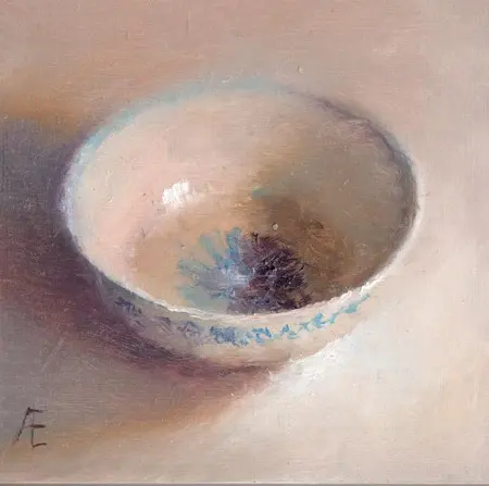 Anneke Elhorst, Wit met Blauw schaaltje, 240 euro, Oil on wood, unframed, 12x12 cm