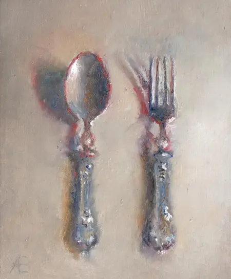 Anneke Elhorst, Zilver Bestek, 270 euro, Oil on panel, 15x12x3 cm