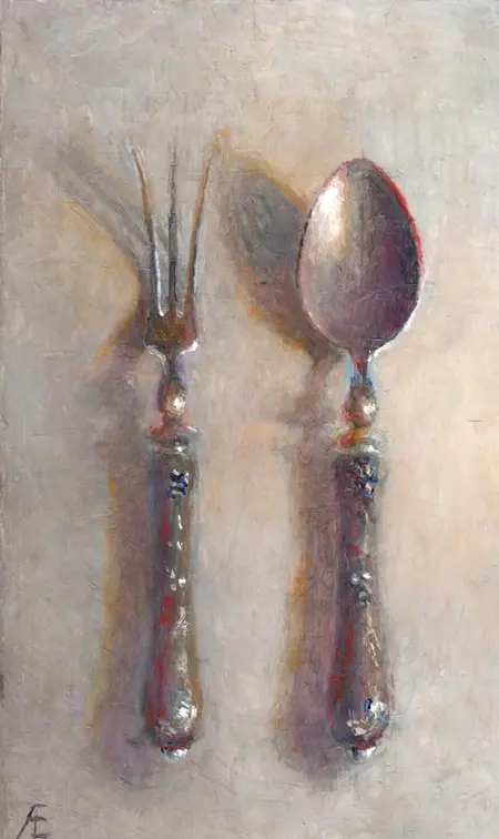Anneke Elhorst, Zilveren bestek, Oil on panel, 25x15 cm, €.395,-