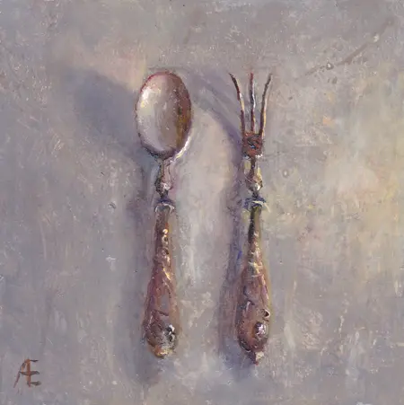 Anneke Elhorst, Zilveren bestek , Oil on panel, 15x15 cm, €.295,-