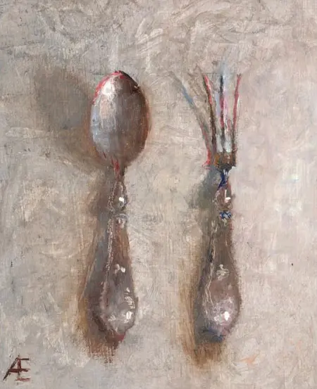 Anneke Elhorst, Zilveren bestek, Oil on panel, 15x12 cm, €.260,-