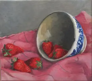 Annemarie Verschoor, Aardbeien uit kom, Oil on canvas, 28x25 cm, €.225,-