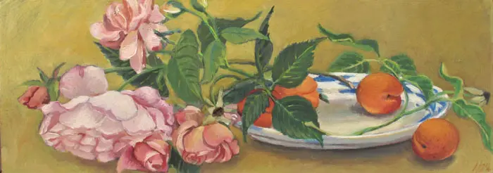 Annemarie Verschoor, Abrikozen en rozen, 250 euro, Oil on panel, 48x17,5 cm