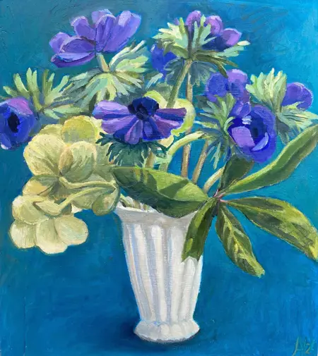 Annemarie Verschoor, Annemonen, 200 euro, Oil on old panel, unframed, 33x28 cm