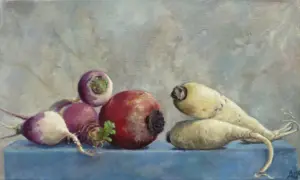 Annemarie Verschoor, Bieten en wortels, Oil on canvas, 30x50 cm, €.450,-