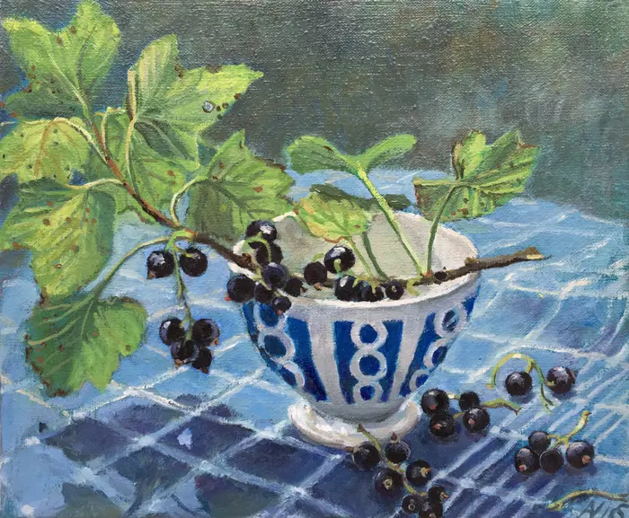 Annemarie Verschoor, Blauwe bessen, Oil on canvas, 25x30 cm, €.230,-