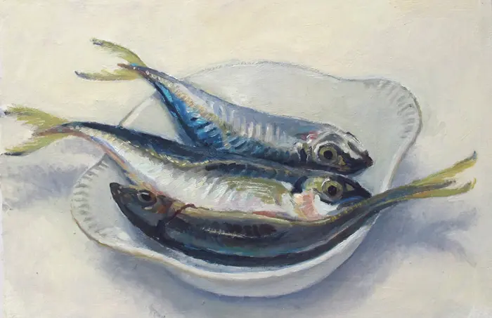 Annemarie Verschoor, Bord Makreeltjes, 175 euro, Oil on panel, 17x25 cm