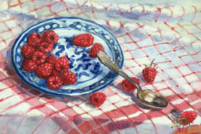 Annemarie Verschoor, Bord met frambozen, Oil on panel, 20x28 cm, €.180,- euro