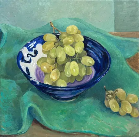 Annemarie Verschoor, Druiven in schaal, 220 euro, Oil on canvas, unframed, 30x30 cm