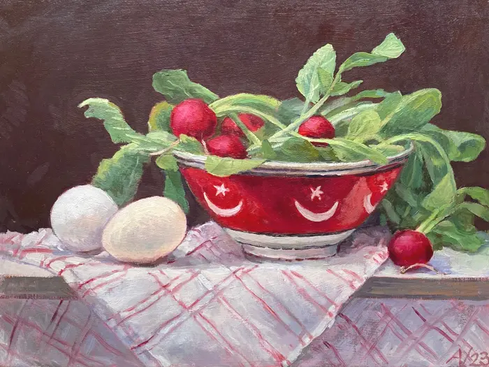 Annemarie Verschoor, Ei met Radijs, 250 euro, Oil on wooden panel, unframed, 23x30 cm