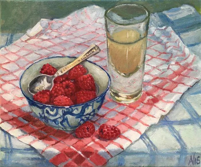 Annemarie Verschoor, Frambozen en glas, Oil on canvas, 25x30 cm, €.230,-
