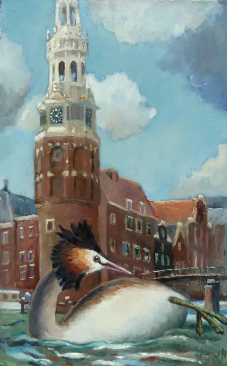 Annemarie Verschoor, Fuut bij de Montelbaan, Oil on panel, 38x24 cm, €.300,-