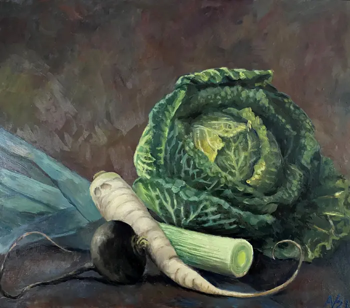 Annemarie Verschoor, Groene kool, Oil on panel, 30x34 cm, €.250,-