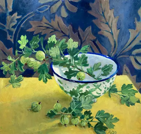 Annemarie Verschoor, Groene Kruisbessen, Oil on panel, 30x28 cm, €.250,-