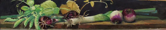 Annemarie Verschoor, Groente op de plank 2, Oil on panel, 17x90 cm, €.425,-,-