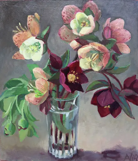 Annemarie Verschoor, Kerstrozen in glaasje, Oil on wood, 23x26 cm, €.225,-