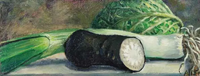 Annemarie Verschoor, Kool prei en ramenas, Oil on oak, 10x27 cm, €.180,-