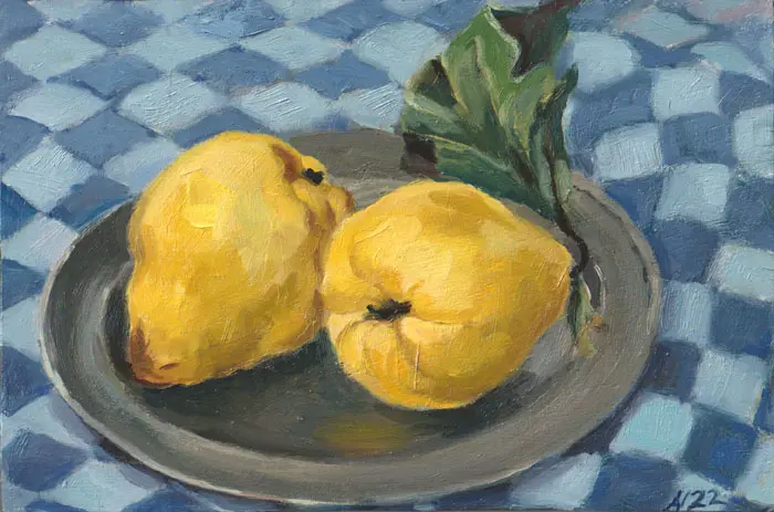 Annemarie Verschoor, Kweeperen, 150 euro, Oil on panel, unframed, 25,5x17 cm
