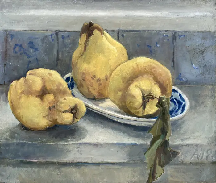Annemarie Verschoor, Kweeperen, Oil on wood, 31x37 cm, €.195,-