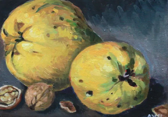 Annemarie Verschoo, Kweeperen, Oil on panel, 13x18 cm, €.140,-