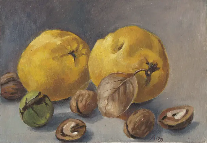 Annemarie Verschoor, Kweeperen en noten, Oil on panel, 19x27x2 cm, €.200,-