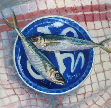 Annemarie Verschoor, Makreel op Turks bord, Oil on panel, 30x30 cm, €.250,-