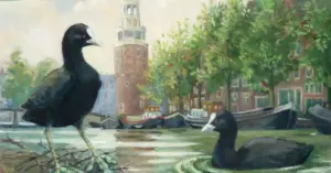 Annemarie Verschoor, Meerkoeten voor de Montelbaan, Oil on panel, 28x54 cm, €.450,-